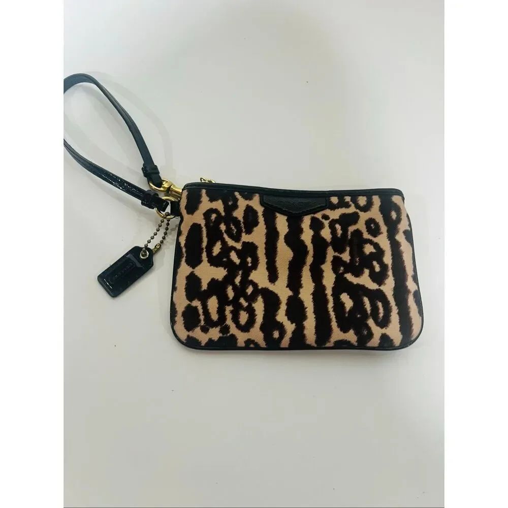 Coach Black Tan Animal Print Zip Wristlet Wallet